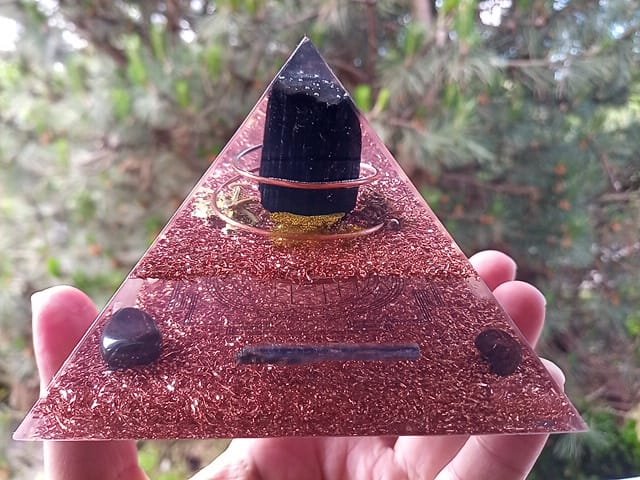 Immunity orgone pyramid with sri yantra symbol in the center.