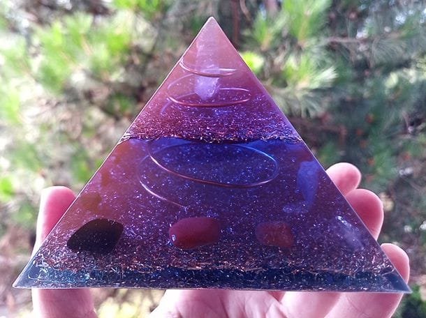 Tasmanian Energy Vortex Orgone Pyramid with chakra stones, red jasper and carnelian.