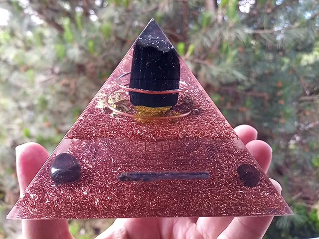 Immunity orgone pyramid with sri yantra symbol in the center.