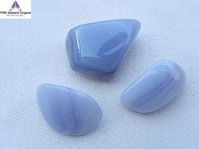 Blue Lace Agate crystals on a white background